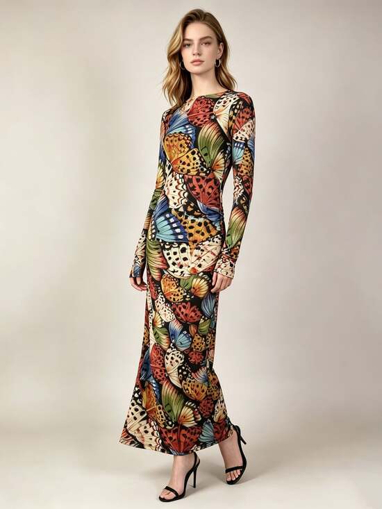 Farm Rio Dresses & Skirts - NWOT Farm Rio Long Sleeve Mesh Butterfly Print Fitted Bodycon Midi Dress Size S